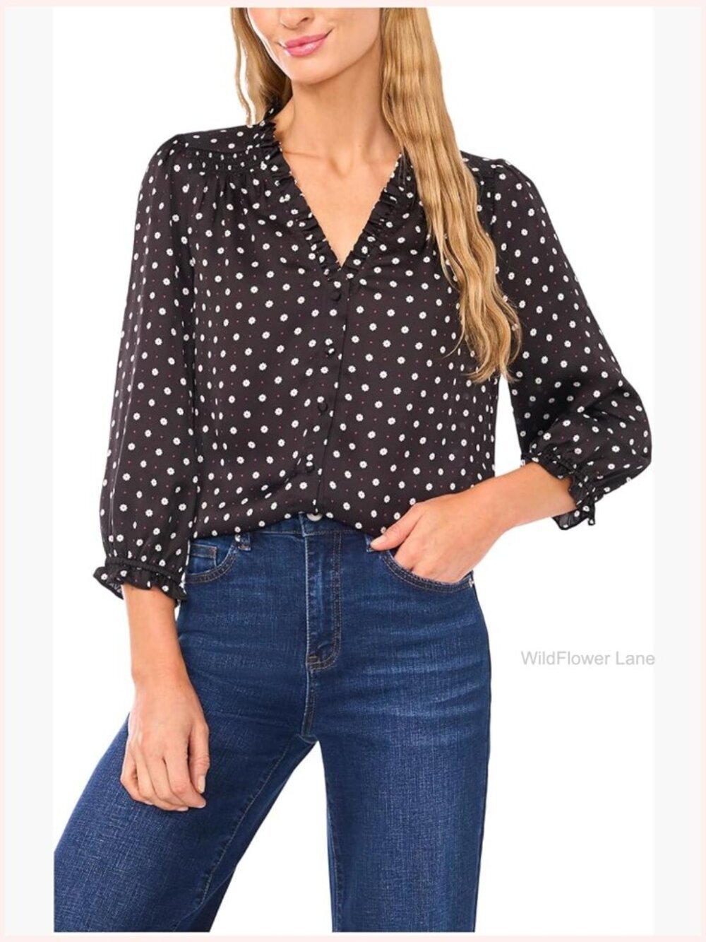 V-Neck 3/4 Sleeve Button Front Top with Ruffled Neckline